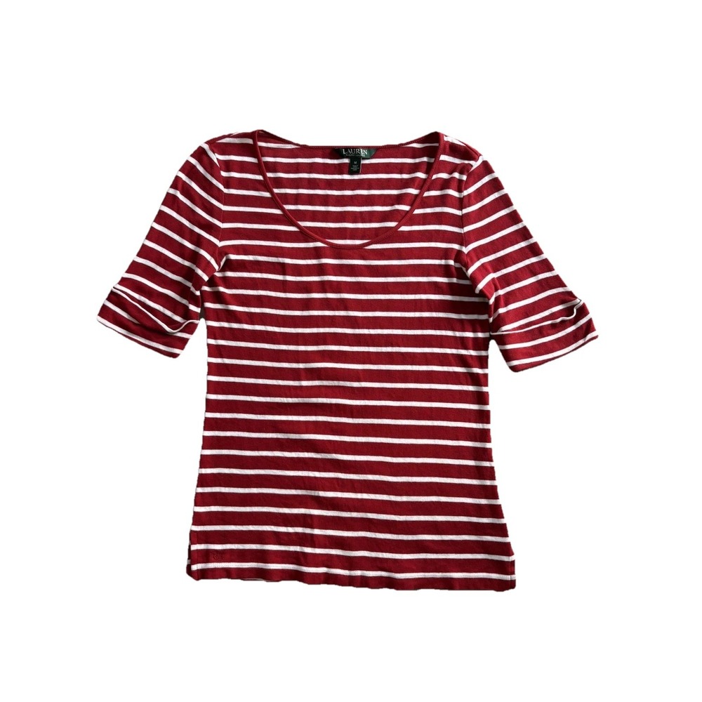Lauren Ralph Lauren Womens Shirt Sz M Stripe Red White Naut Cuffed Half Sleeve - Picture 2 of 11
